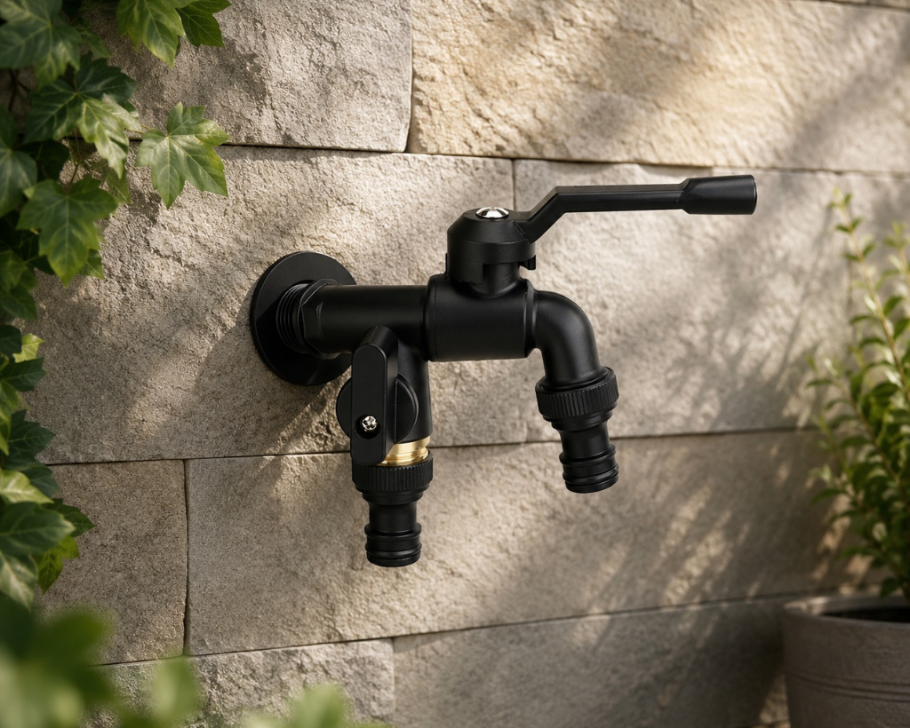 Robinet distributeur d'eau 2 sorties installé sur mur extérieur, Robin'Home