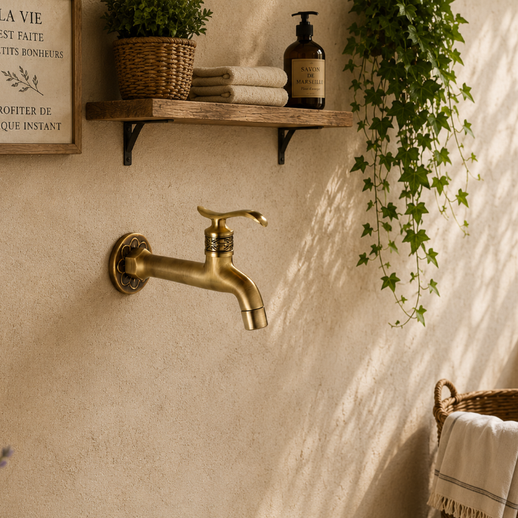 Robinet vintage en laiton doré installé sur mur extérieur, Robin'Home