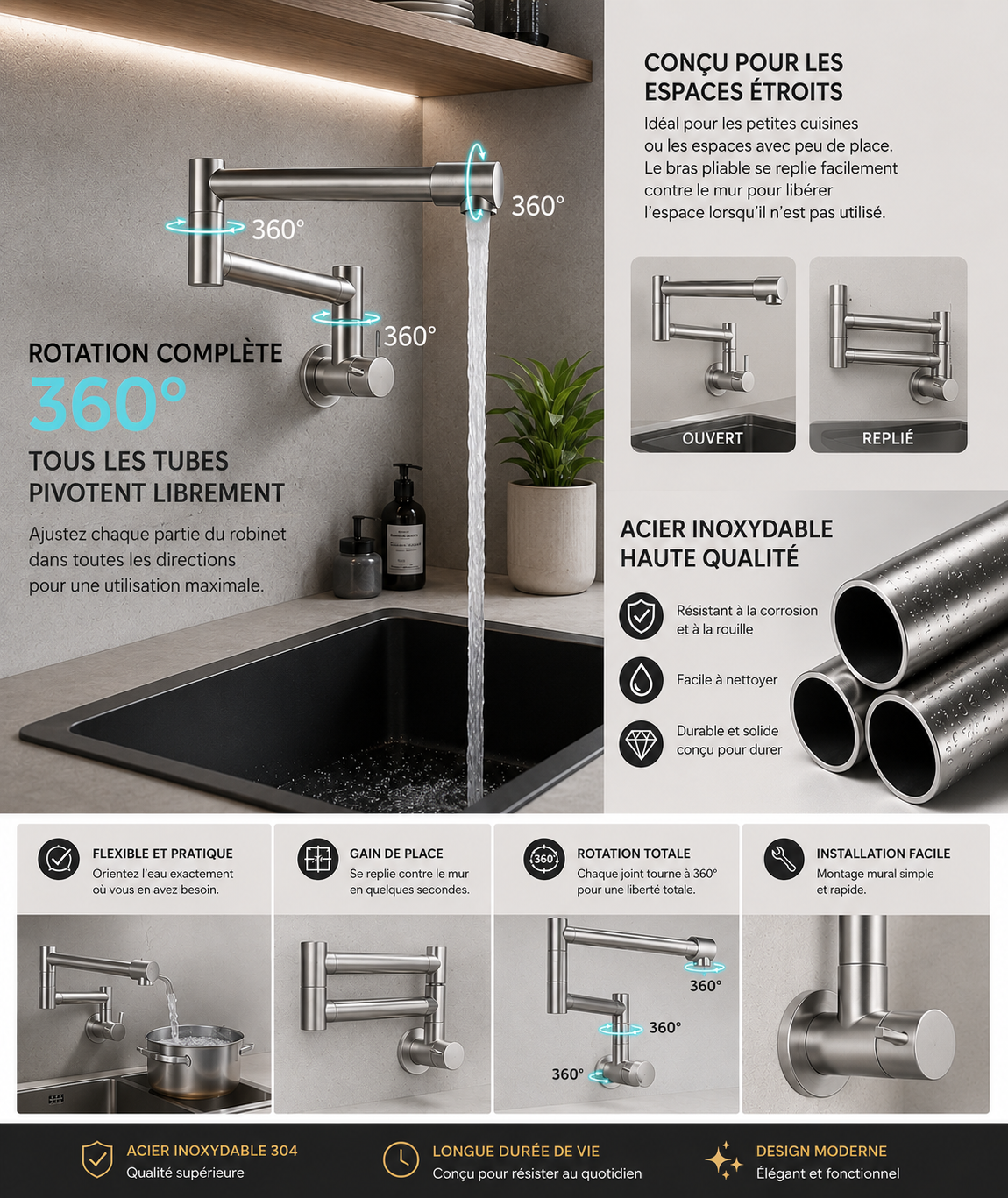 Robinet de Cuisine Mural Pliable en Acier Inoxydable