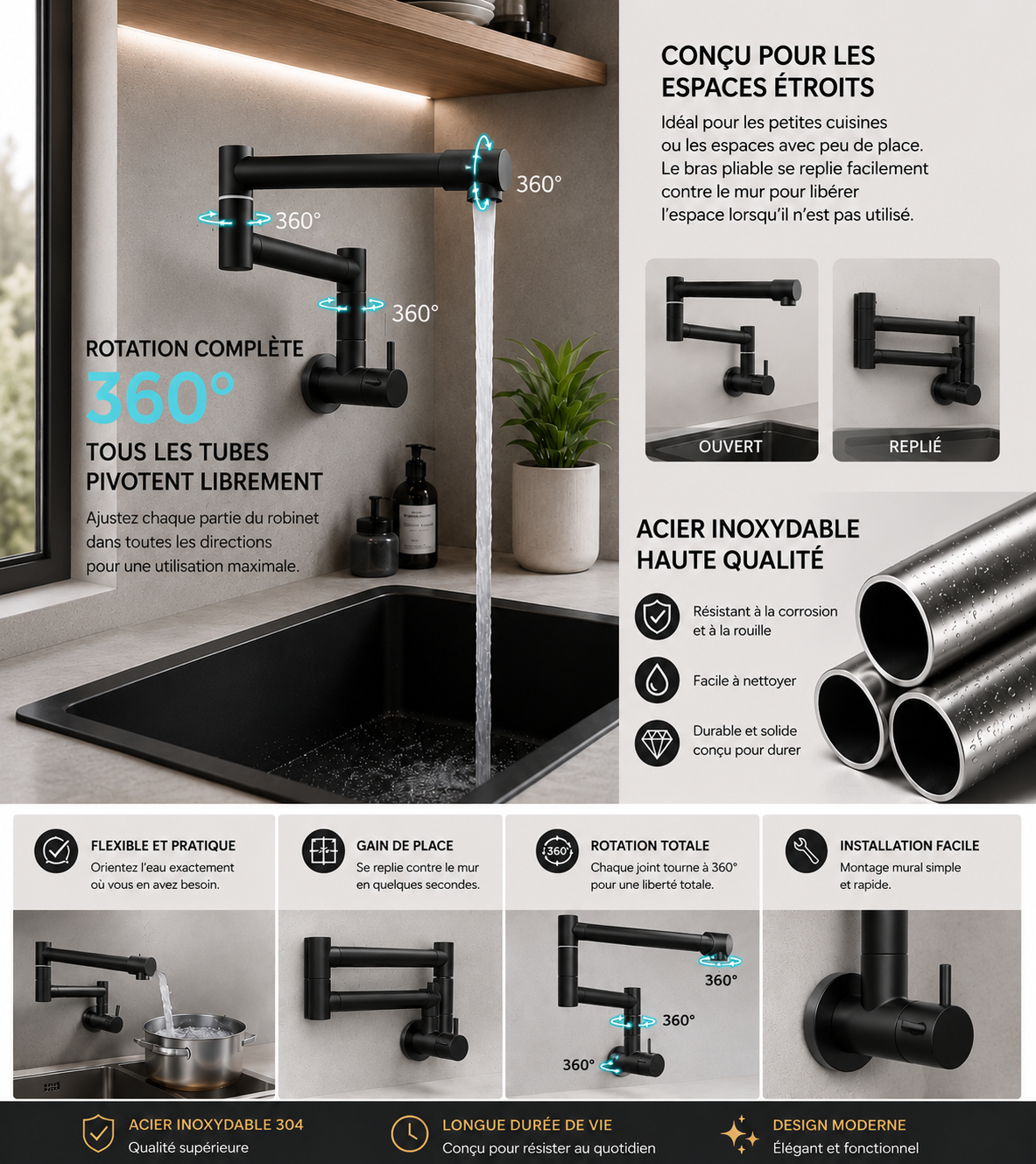Robinet de Cuisine Mural Pliable en Acier Inoxydable