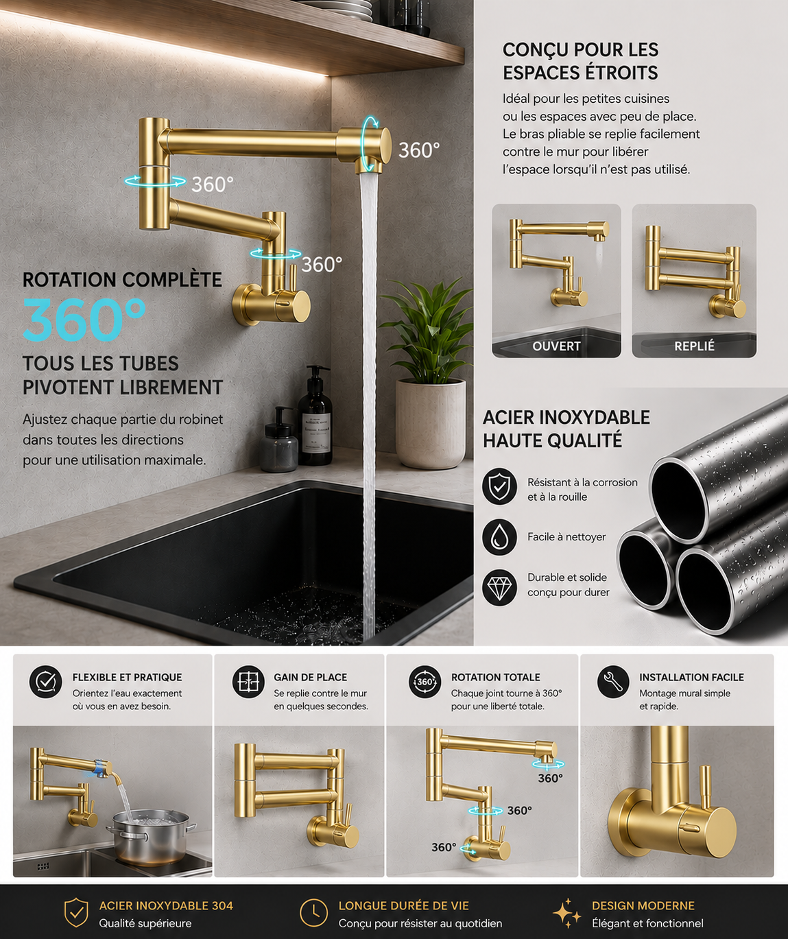 Robinet de Cuisine Mural Pliable en Acier Inoxydable