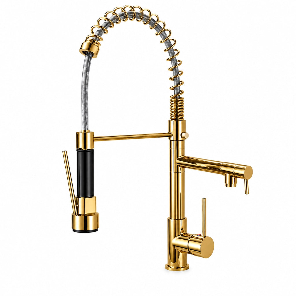 Robinet de cuisine bec pivotant 360°, douchette extractible, finition dorée, Robin'Home