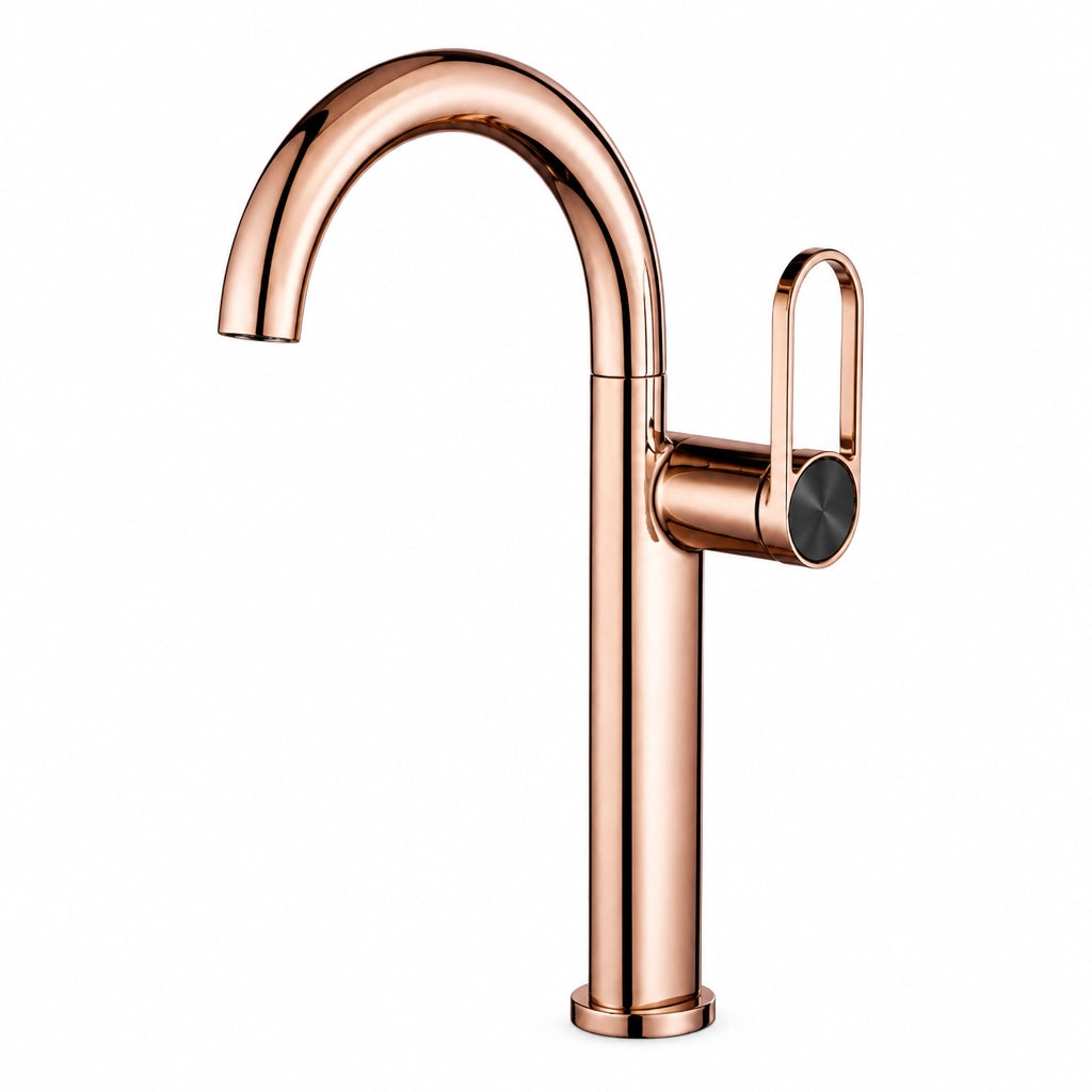 Robinet de salle de bain design col de cygne, finition or rose, Robin'Home