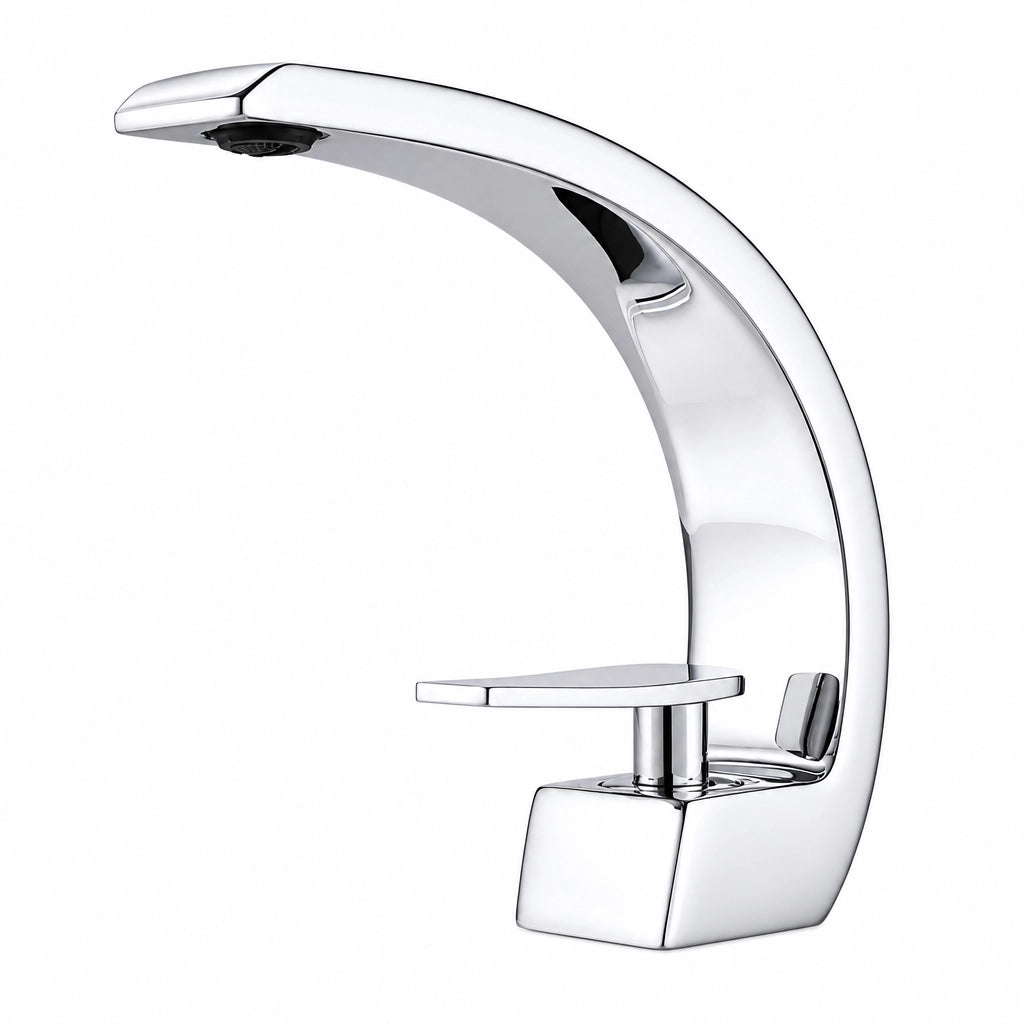 Robinet de salle de bain design courbé, finition chrome, Robin'Home