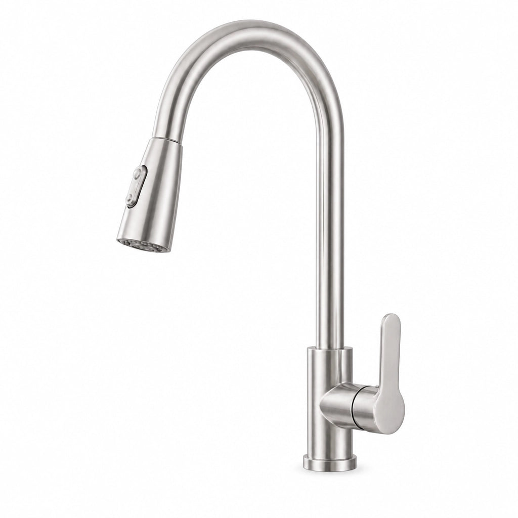 Robinet de cuisine col de cygne, douchette extractible, finition argent, Robin'Home
