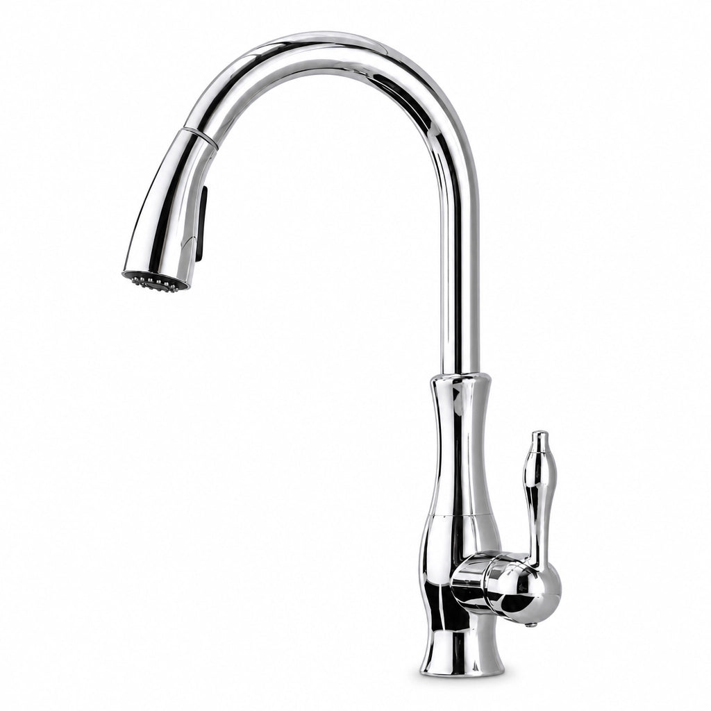 Robinet de cuisine rétro col de cygne, douchette rétractable, finition chrome, Robin'Home