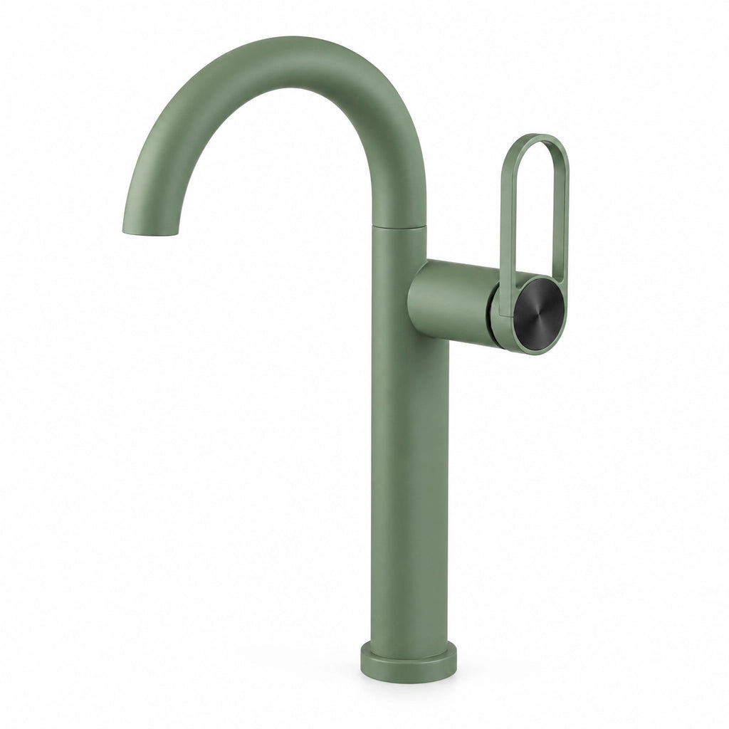 Robinet de salle de bain design col de cygne, finition vert sauge, Robin'Home