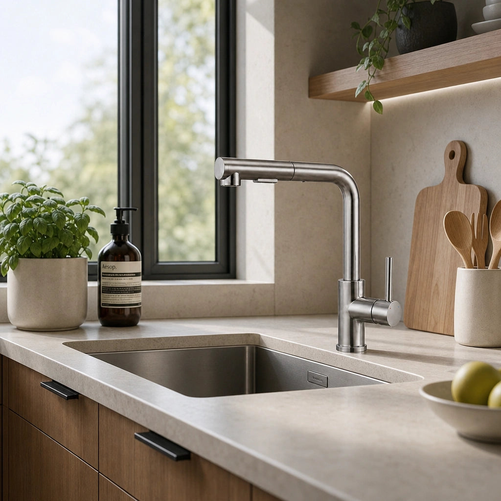 Robinet de cuisine extractible installé sur évier, Robin'Home